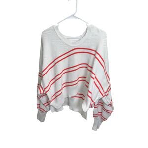 Aerie Beyond Striped Cropped White Coral Pink Stripe Oversized Sweater Size XL